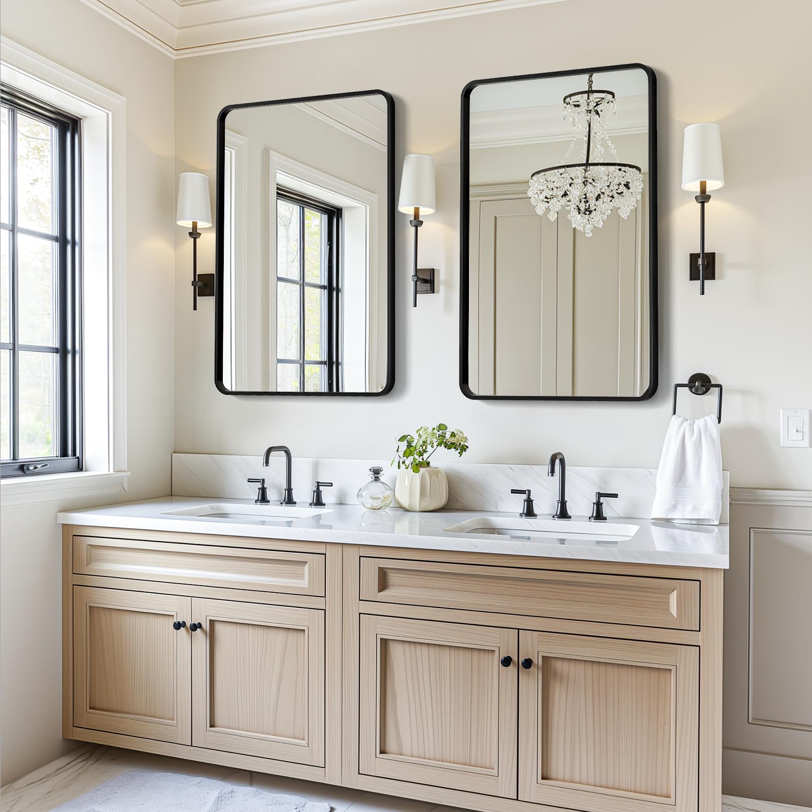 Modern Bathroom with Marble Vanity, Wood Cabinets, and USHOWER Nwar Rectangular Mirrors Installed Above Sink