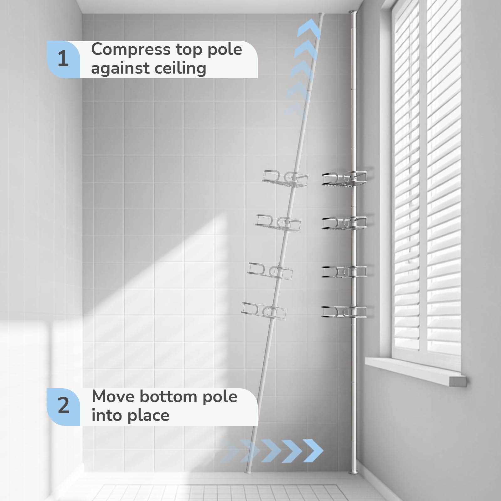 Easy Setup of USHOWER Stokado Shower Caddy Tension Pole Matte Silver– Press Top to Ceiling, Adjust Bottom to Lock in Place