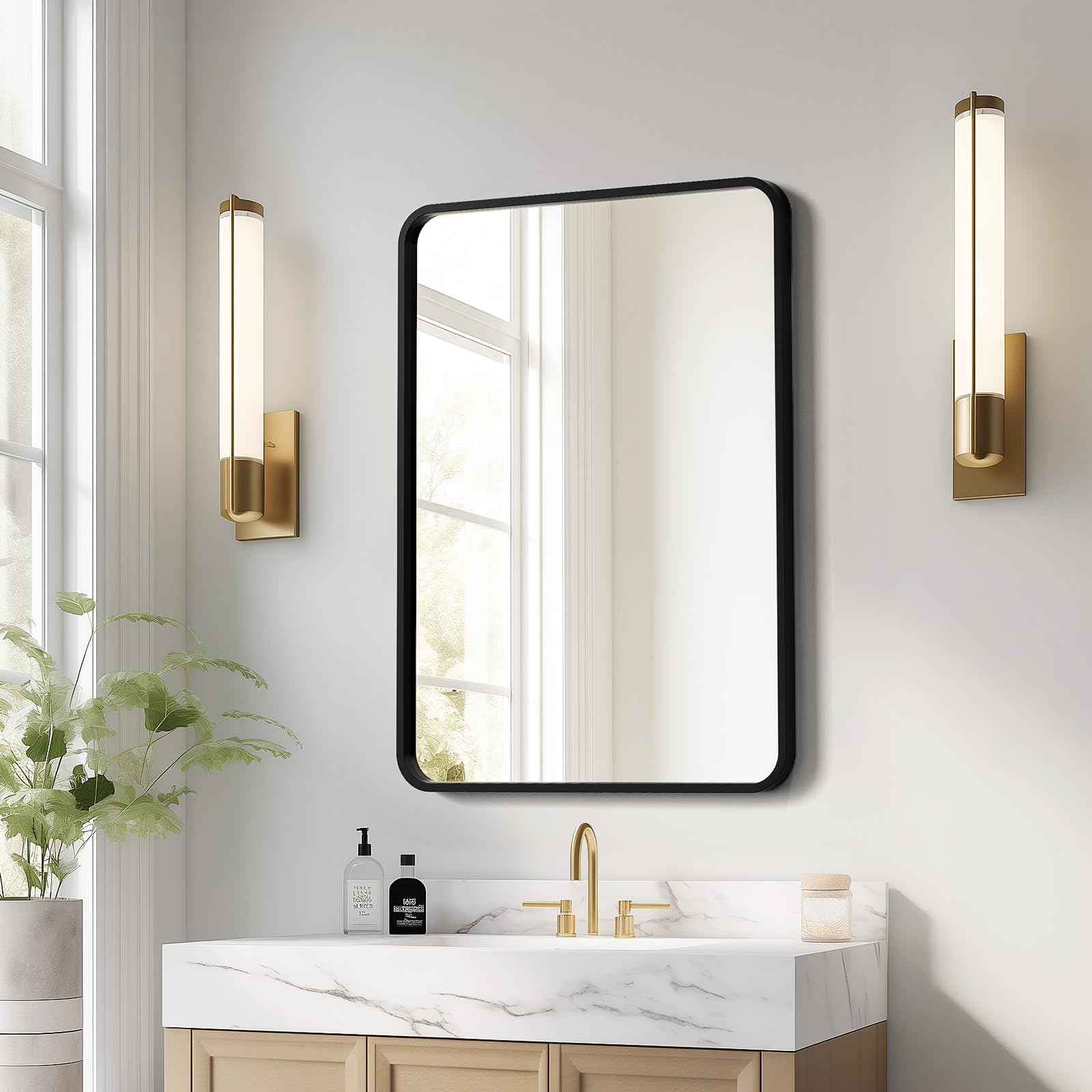 USHOWER Nwar Series 22x30 Black Frame Rectangular Bathroom Mirror Above Marble Vanity with Wood Cabinets and Gold Sconce