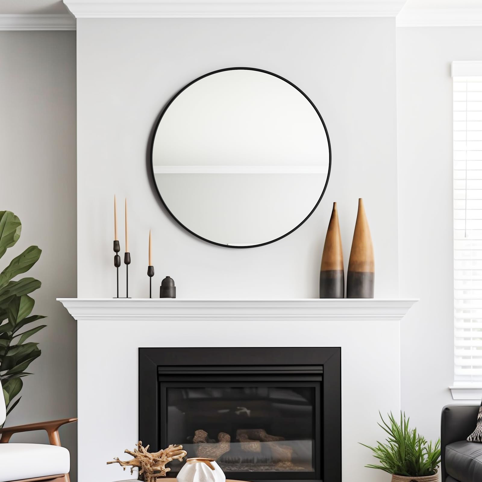 USHOWER Nwar Series 30 Black Frame Round Mirror for Living Room, Mounted Above White Wall and Black Fireplace Mantel