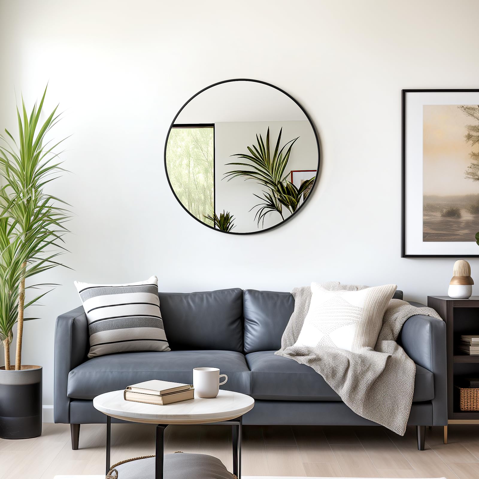 USHOWER Nwar Series 30 Black Frame Round Mirror for Living Room Wall Decor, Hung Above Modern Sofa