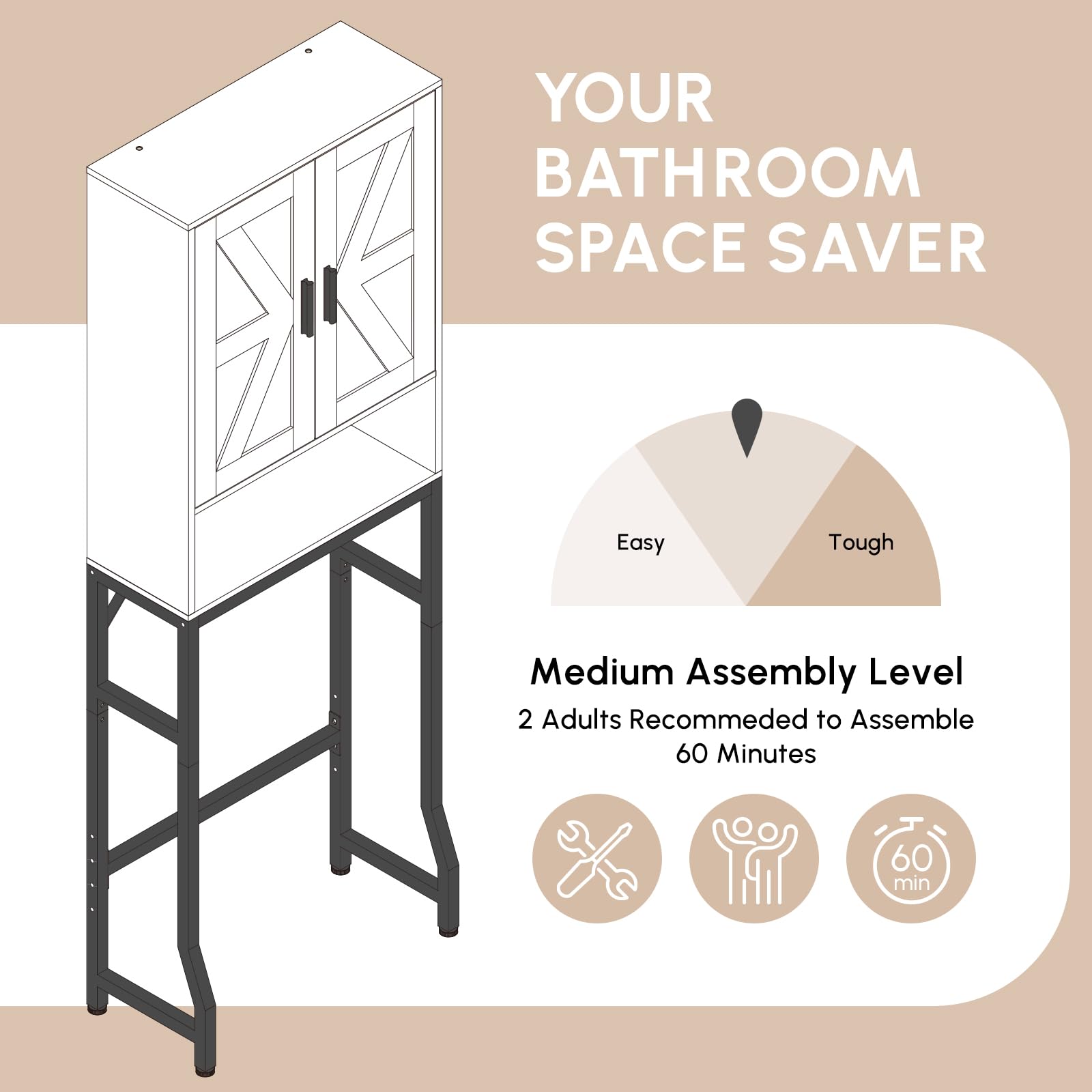 USHOWER Stokado Over-the-Toilet Cabinet Your Bathroom Space Saver with Easy Assembly, Medium Difficulty Level, Tools Included