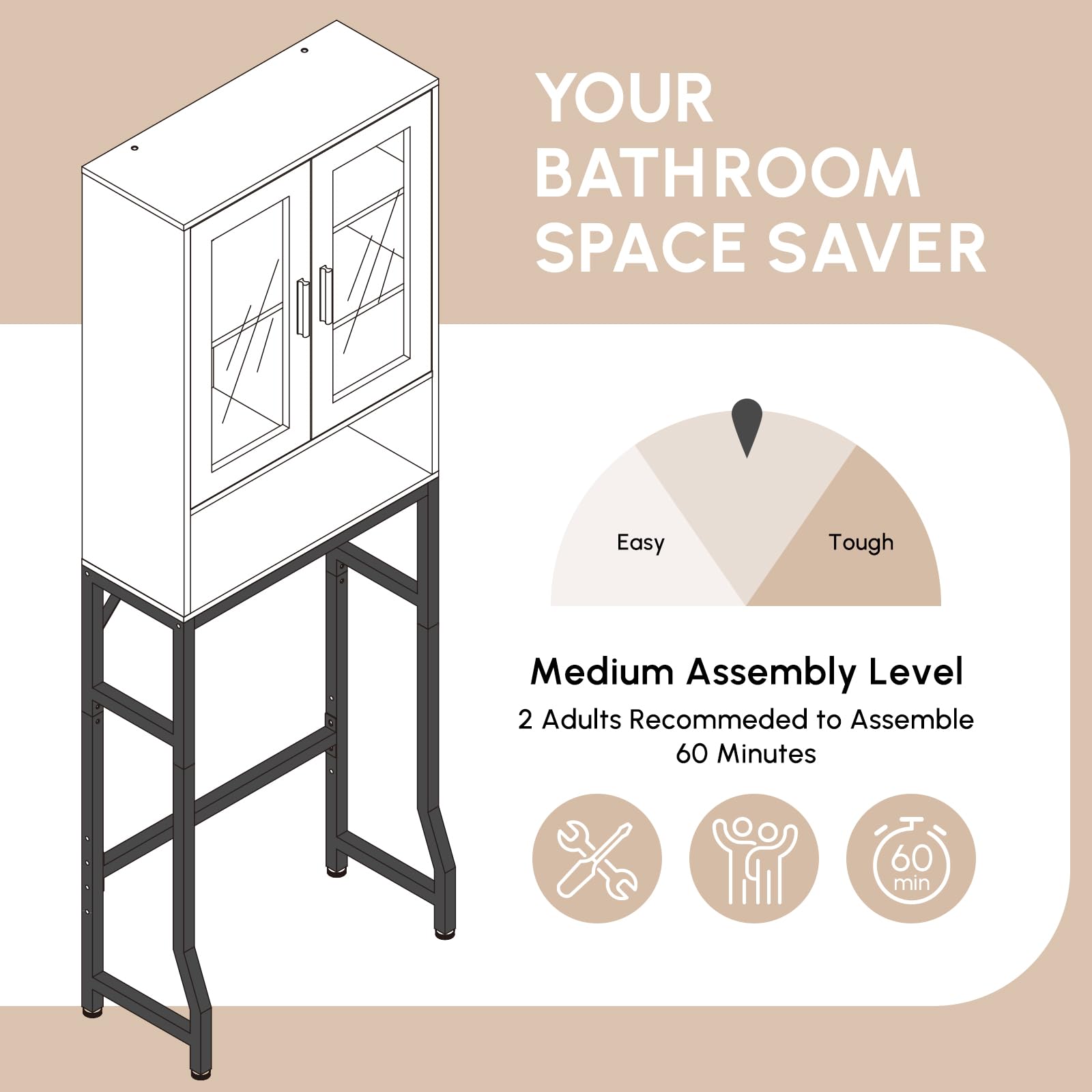 USHOWER Stokado Over-the-Toilet Cabinet Your Bathroom Space Saver with Easy Assembly, Medium Difficulty Level, Tools Included