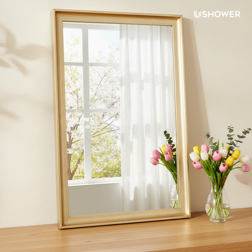USHOWER Curva Mirror, Rectangular Gold Metal Framed Mirror, 24'' x 36''