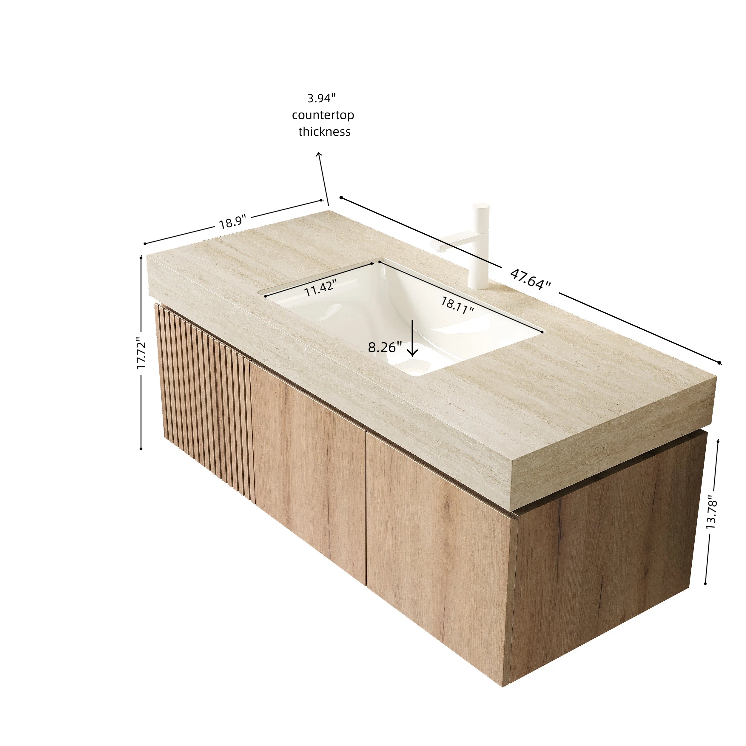MURI 48" Wall-Mounted Bathroom Vanity with Travertine-Pattern Sintered Stone Top & Ceramic Sink, Floating Cabinet with Drawer and Door, Natural Oak Woodgrain, Pre-Assembled
