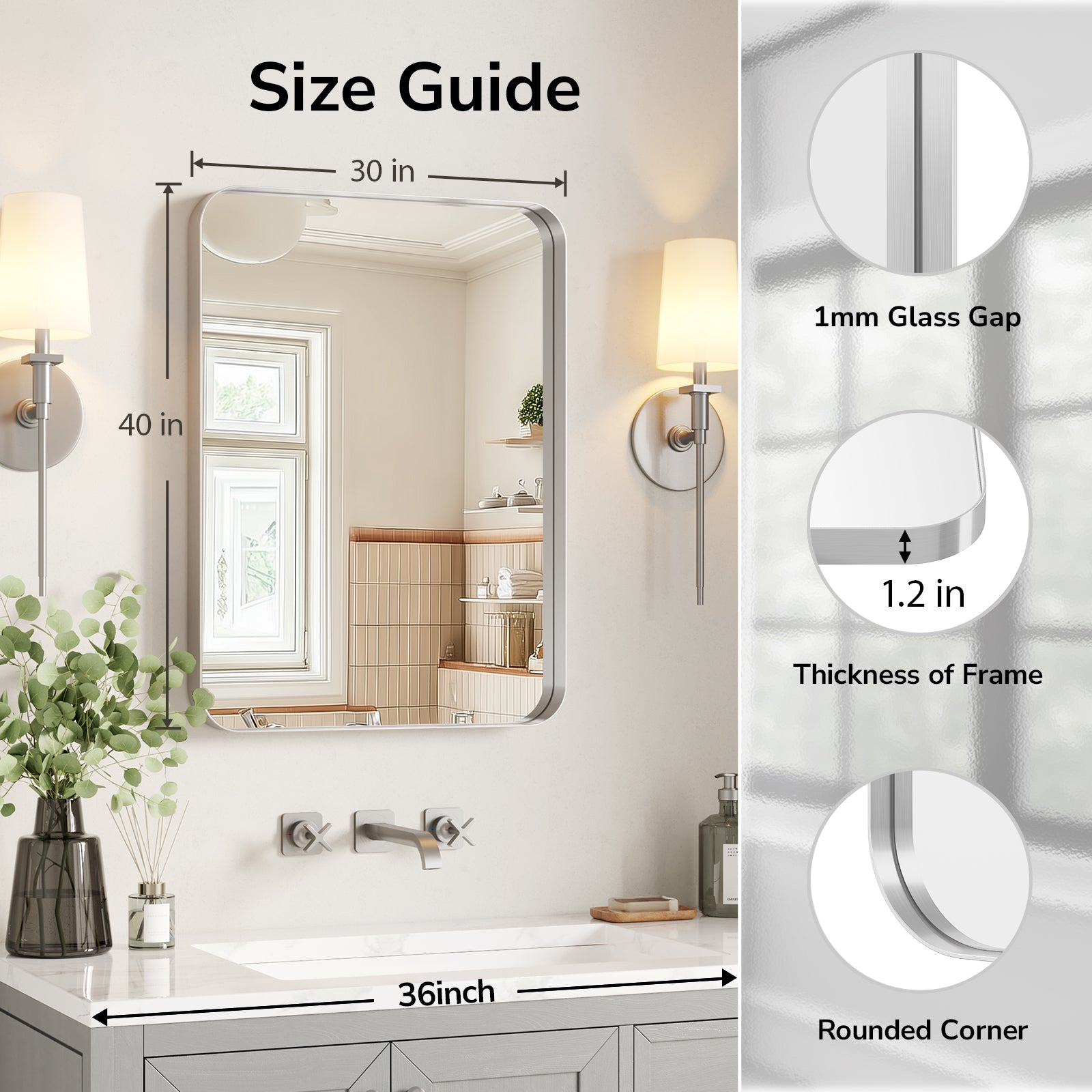 USHOWER 30 x 40 inch brushed nickel bathroom mirror dimensions with 1.2 inch frame and rounded corners