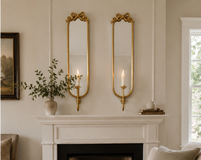 Gold Mirrored Candle Wall Sconces Set of 2 | 28" Iron Bow-Top Holders