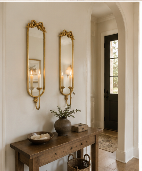 Gold Mirrored Candle Wall Sconces Set of 2 | 28" Iron Bow-Top Holders