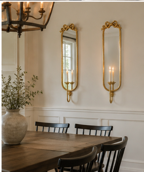 Gold Mirrored Candle Wall Sconces Set of 2 | 28" Iron Bow-Top Holders