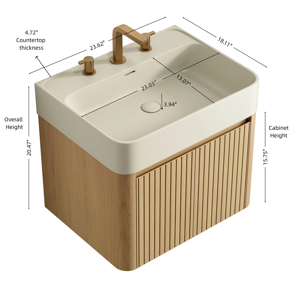 LORAN 24" Wall-Mounted Bathroom Vanity with Warm Cream Beige Solid Surface Integrated Basin, Floating Storage Cabinet, Corolla Oak Woodgrain, 8" Widespread 3-Hole Faucet Configuration, Disassembled