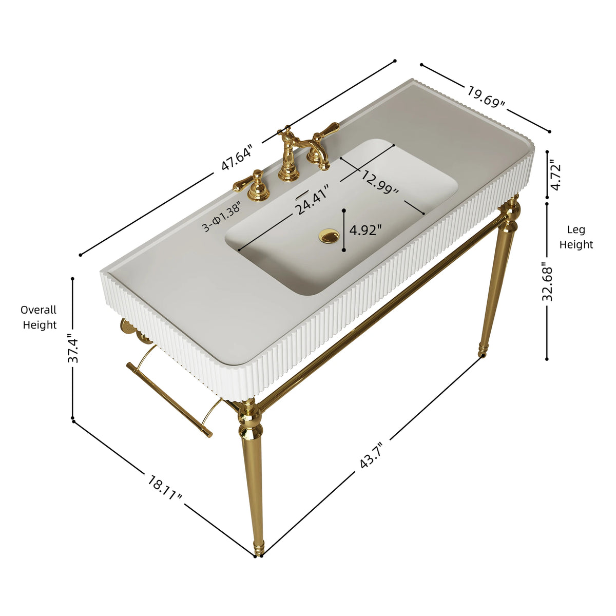 VICO 48" Freestanding Bathroom Console Vanity with White Solid Surface Integrated Sink, Gold Stainless Steel Support Legs and Towel Bar, 8" Widespread 3-Hole Faucet Configuration, Faucet and Sink Drain Not Included