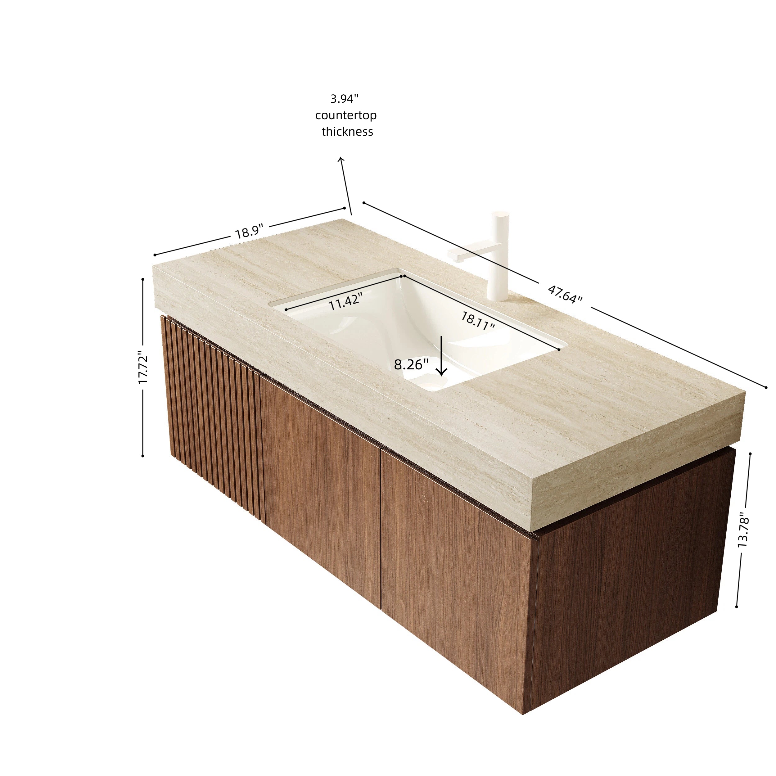 MURI 48" Wall-Mounted Bathroom Vanity with Travertine-Pattern Sintered Stone Top & Ceramic Sink, Floating Cabinet with Drawer and Door, Brown Oak Woodgrain, Pre-Assembled