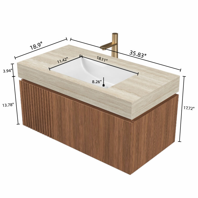 MURI 36" Wall-Mounted Bathroom Vanity with Travertine-Pattern Sintered Stone Top & Ceramic Sink, Floating Cabinet with Drawer and Door, Brown Oak Woodgrain, Pre-Assembled