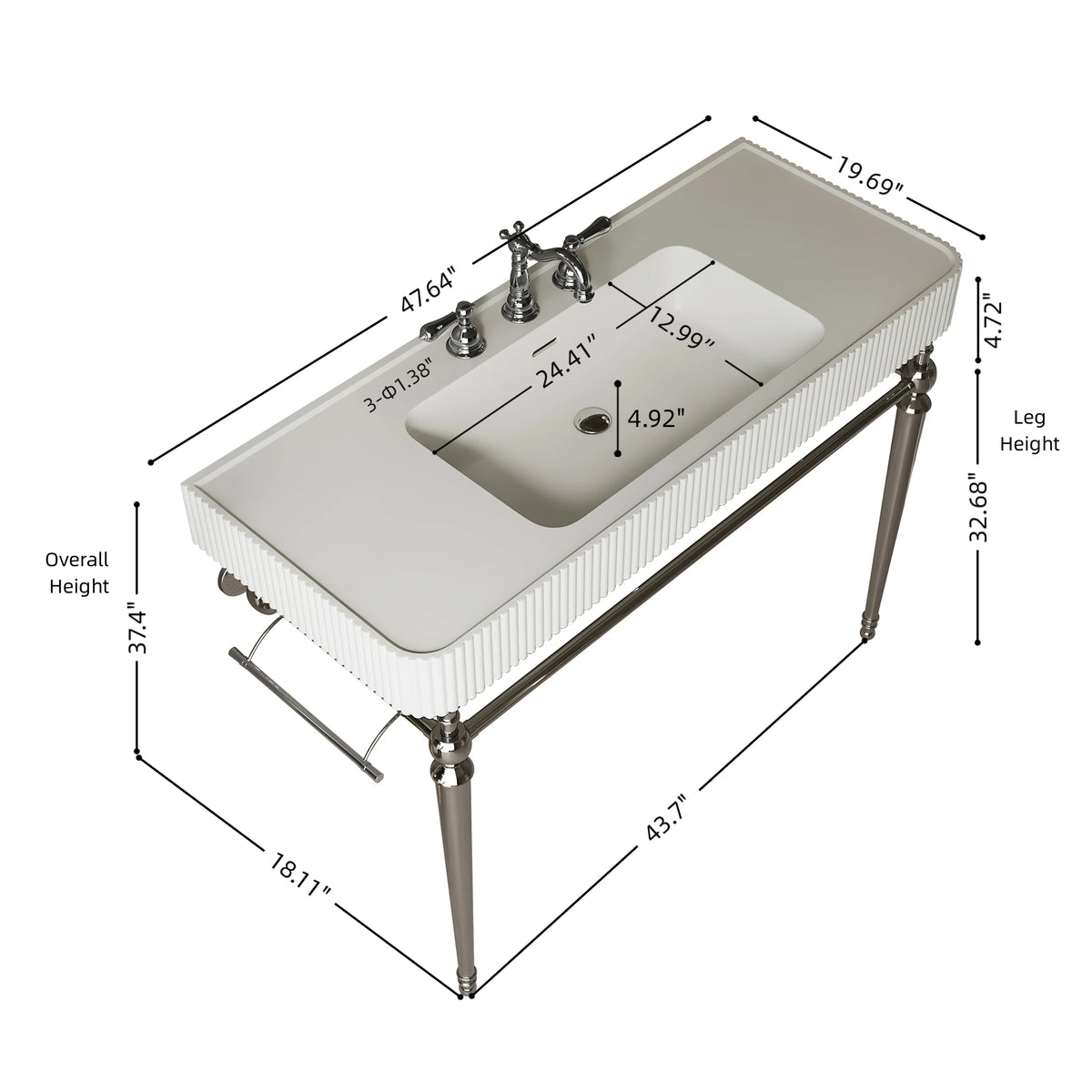 VICO 48" Freestanding Bathroom Console Vanity with White Solid Surface Integrated Sink, Silver Stainless Steel Support Legs and Towel Bar, 8" Widespread 3-Hole Faucet Configuration, Faucet and Sink Drain Not Included