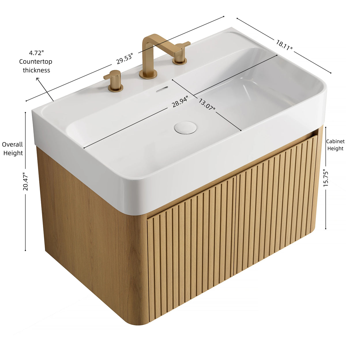 LORAN 30" Wall-Mounted Bathroom Vanity with White Solid Surface Integrated Basin, Floating Storage Cabinet, Corolla Oak Woodgrain, 8" Widespread 3-Hole Faucet Configuration, Disassembled