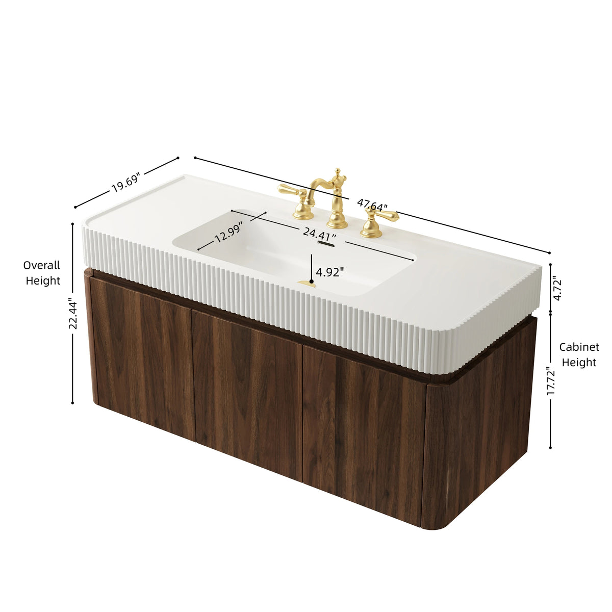 GECO 48" Wall-Mounted Bathroom Vanity with White Solid Surface Integrated Basin, Floating Storage Cabinet, Walnut Woodgrain, 8" Widespread 3-Hole Faucet Configuration, Disassembled