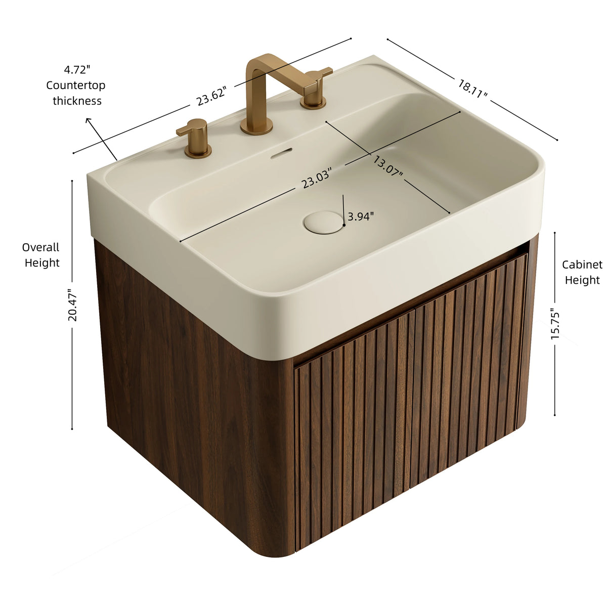 LORAN 24" Wall-Mounted Bathroom Vanity with Warm Cream Beige Solid Surface Integrated Basin, Floating Storage Cabinet, Walnut Woodgrain, 8" Widespread 3-Hole Faucet Configuration, Disassembled