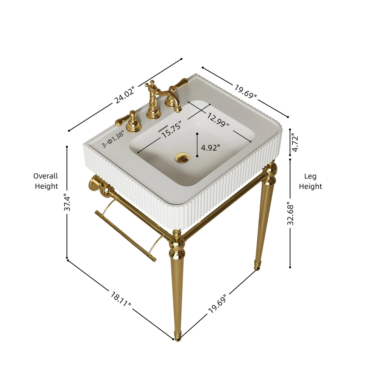 VICO 24" Freestanding Bathroom Console Vanity with White Solid Surface Integrated Sink, Gold Stainless Steel Support Legs and Towel Bar, 8" Widespread 3-Hole Faucet Configuration, Faucet and Sink Drain Not Included