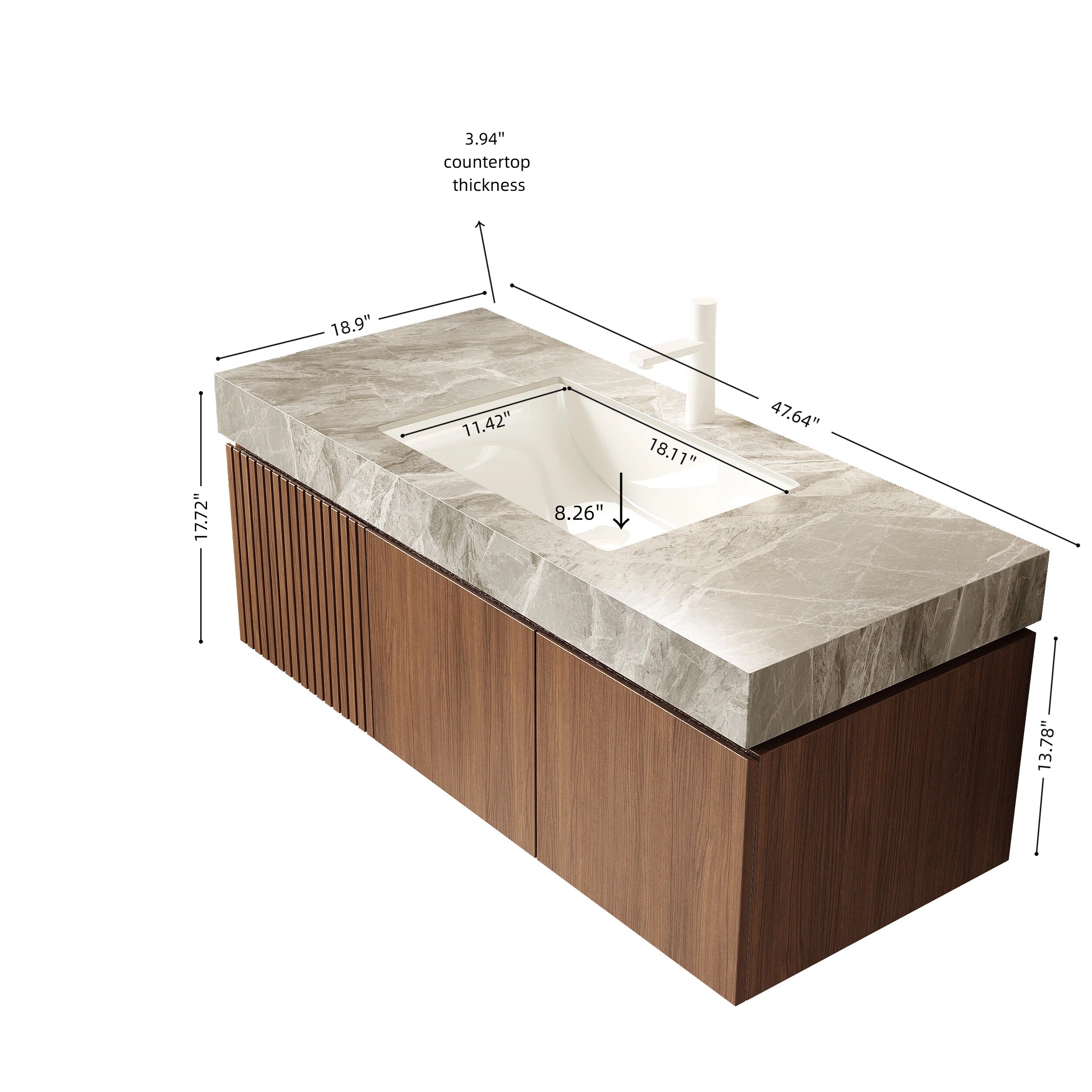 MURI 48" Wall-Mounted Bathroom Vanity with Light Gray Sintered Stone Top & Ceramic Sink, Floating Cabinet with Drawer and Door, Brown Oak Woodgrain, Pre-Assembled