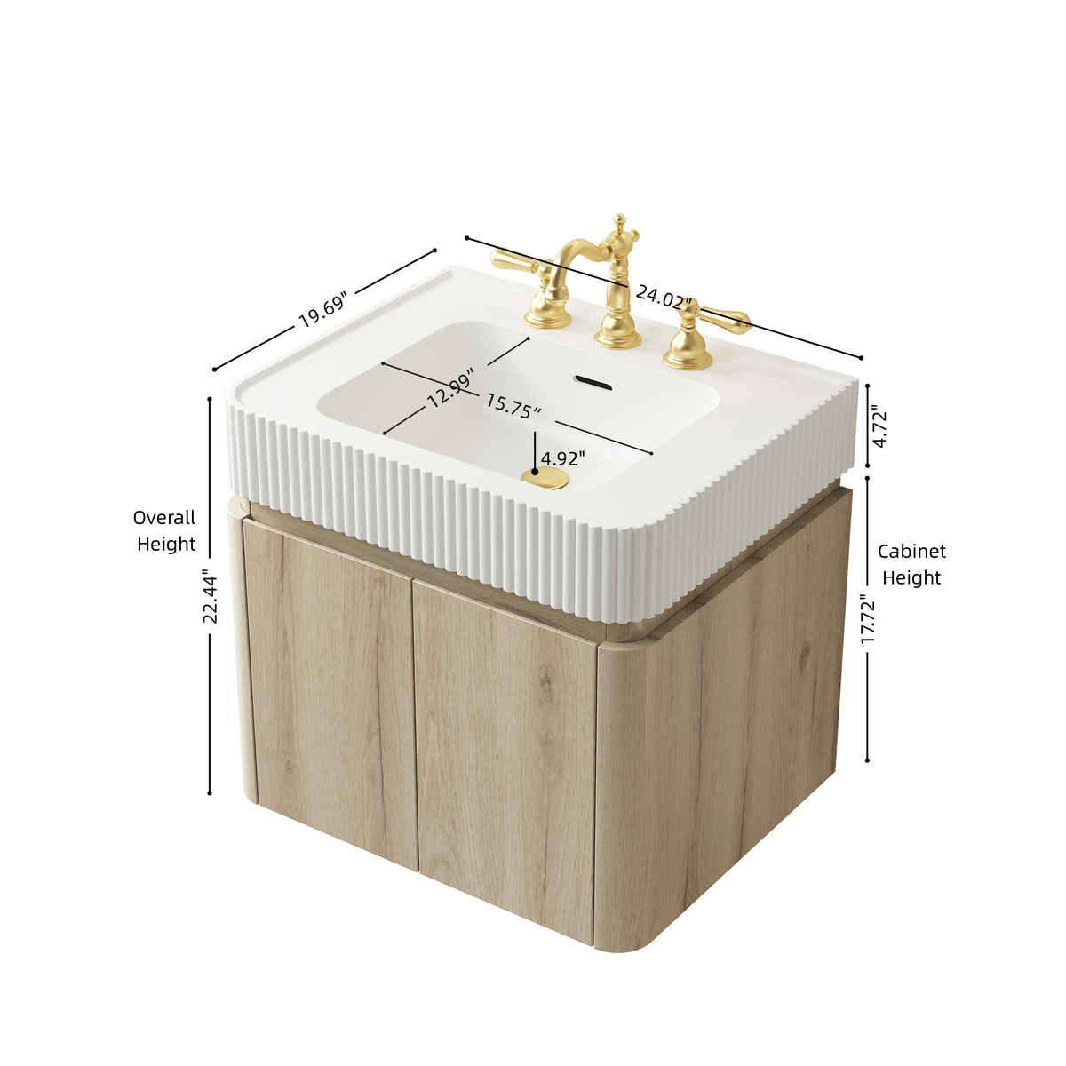 GECO 24" Wall-Mounted Bathroom Vanity with white Solid Surface Integrated Basin, Floating Storage Cabinet, White Oak Woodgrain, 8" Widespread 3-Hole Faucet Configuration, Disassembled