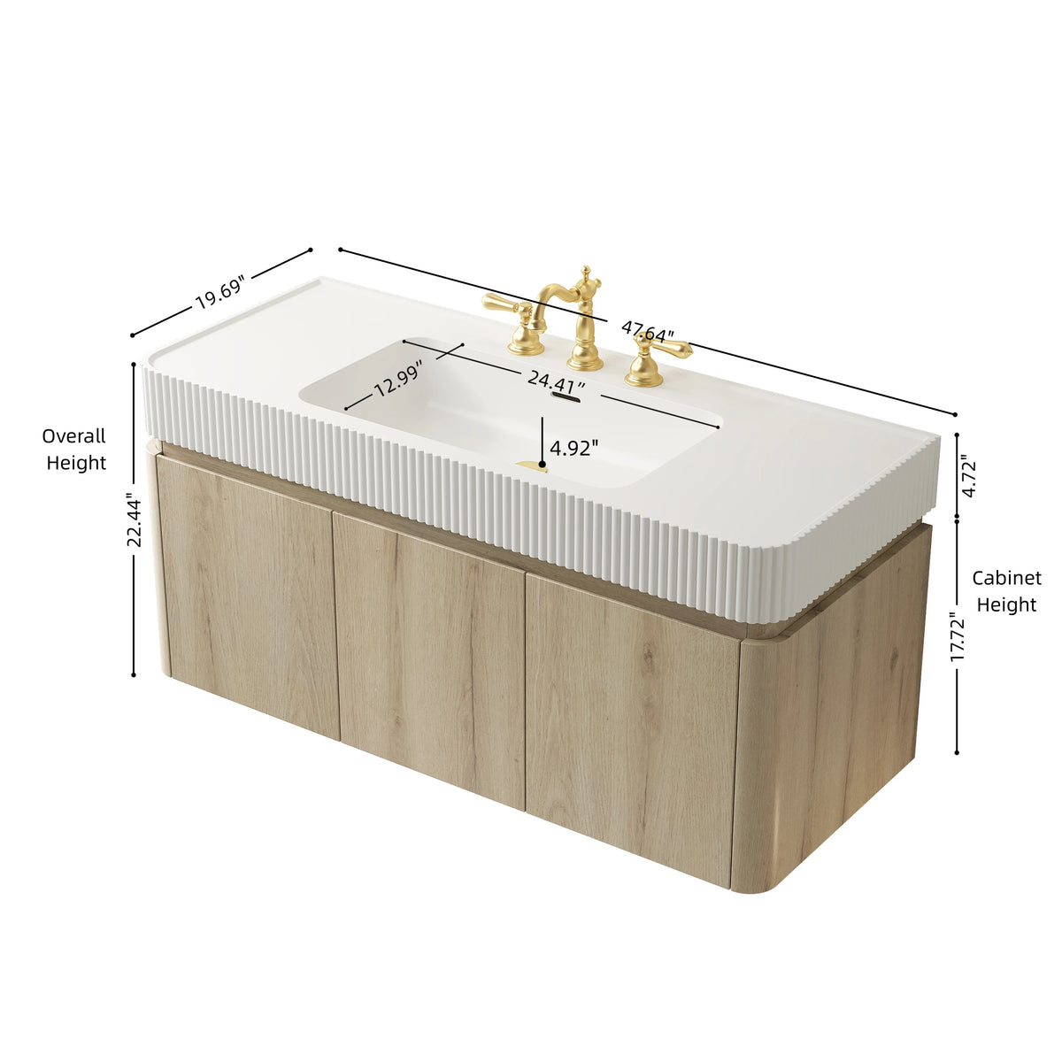 GECO 48" Wall-Mounted Bathroom Vanity with white Solid Surface Integrated Basin, Floating Storage Cabinet, White Oak Woodgrain, 8" Widespread 3-Hole Faucet Configuration, Disassembled