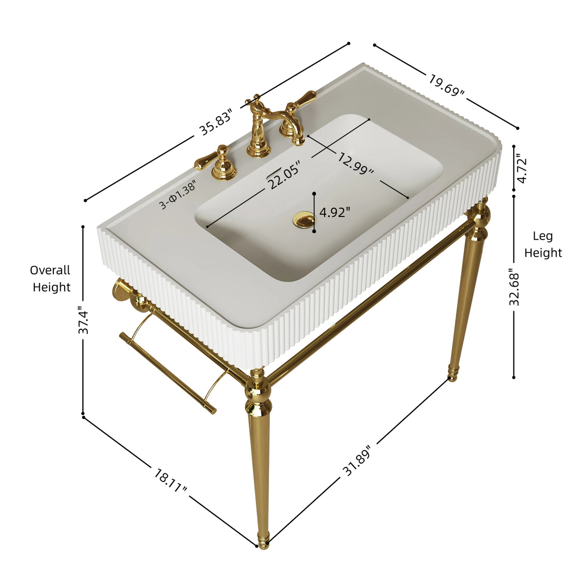 VICO 36" Freestanding Bathroom Console Vanity with White Solid Surface Integrated Sink, Gold Stainless Steel Support Legs and Towel Bar, 8" Widespread 3-Hole Faucet Configuration, Faucet and Sink Drain Not Included