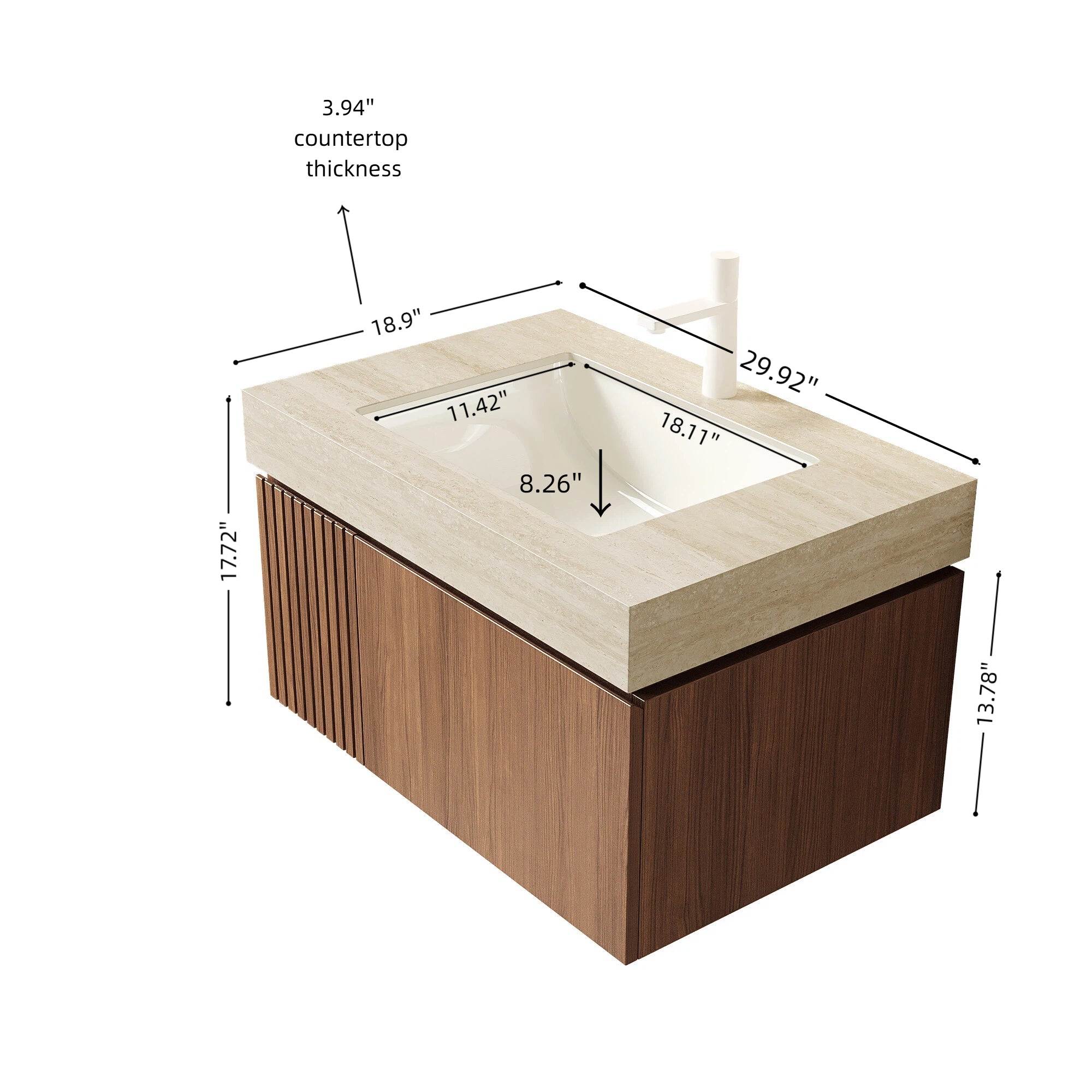 MURI 30" Wall-Mounted Bathroom Vanity with Travertine-Pattern Sintered Stone Top & Ceramic Sink, Floating Cabinet with Drawer and Door, Brown Oak Woodgrain, Pre-Assembled