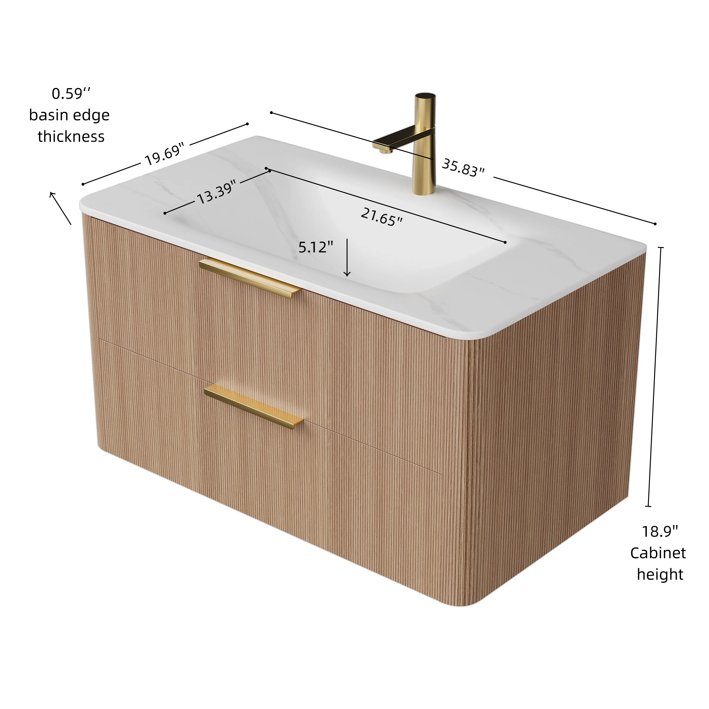 ZANE 36" Bathroom Vanity with Sink, Floating Ultra-Pinstriped Plywood Storage Cabinet with Drawers, Carrara White Sintered Stone Hot-bent Integrated Basin, Pre-assembled, Light Natural Woodgrain Color