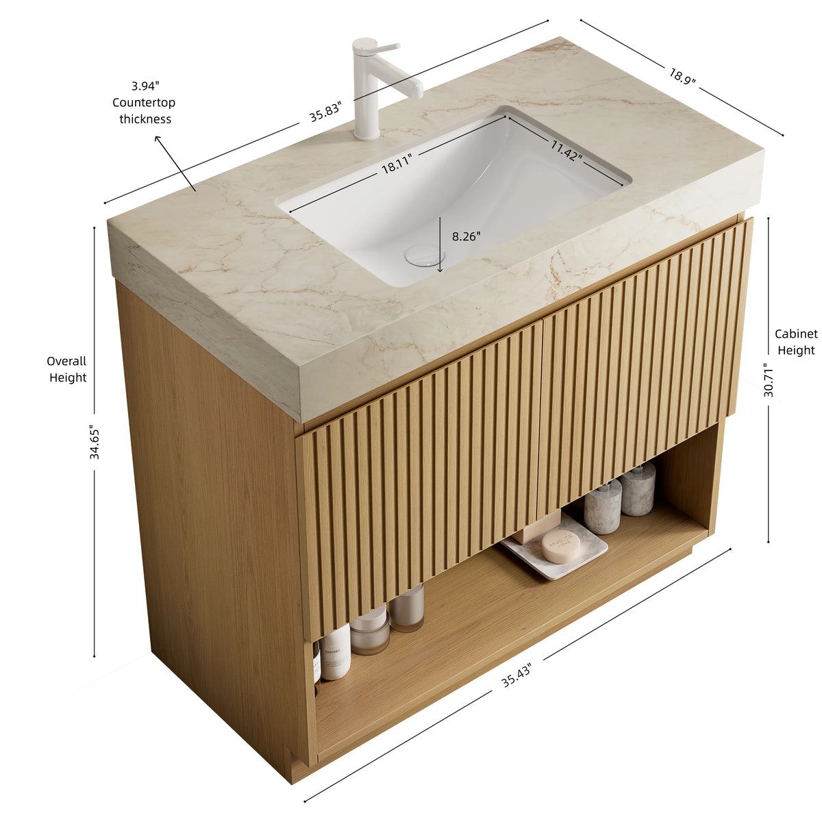 FINO 36" Freestanding Bathroom Vanity with Cream Gold Vein Sintered Stone Countertop and Ceramic Basin, Corolla Oak Woodgrain Cabinet, 1 Pre-Drilled Faucet Hole, Disassembled