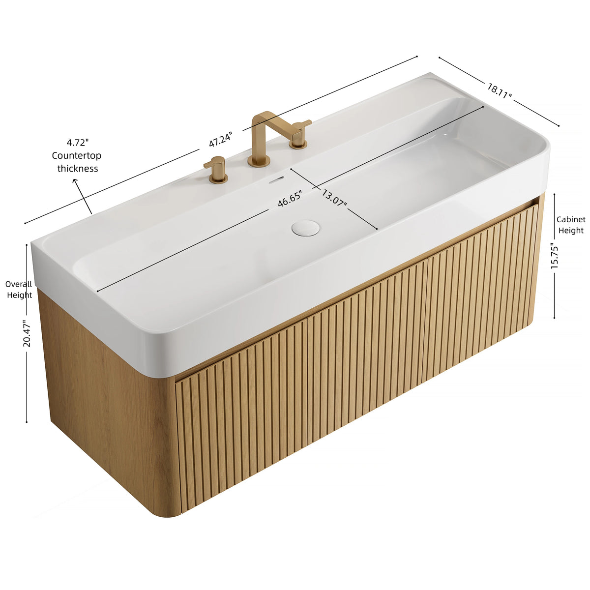 LORAN 48" Wall-Mounted Bathroom Vanity with White Solid Surface Integrated Basin, Floating Storage Cabinet, Corolla Oak Woodgrain, 8" Widespread 3-Hole Faucet Configuration, Disassembled