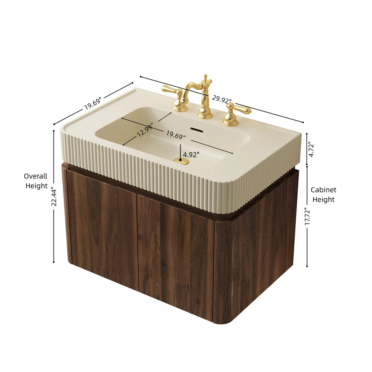 GECO 30" Wall-Mounted Bathroom Vanity with Cream Beige Solid Surface Integrated Basin, Floating Storage Cabinet, Walnut Woodgrain, 8" Widespread 3-Hole Faucet Configuration, Disassembled