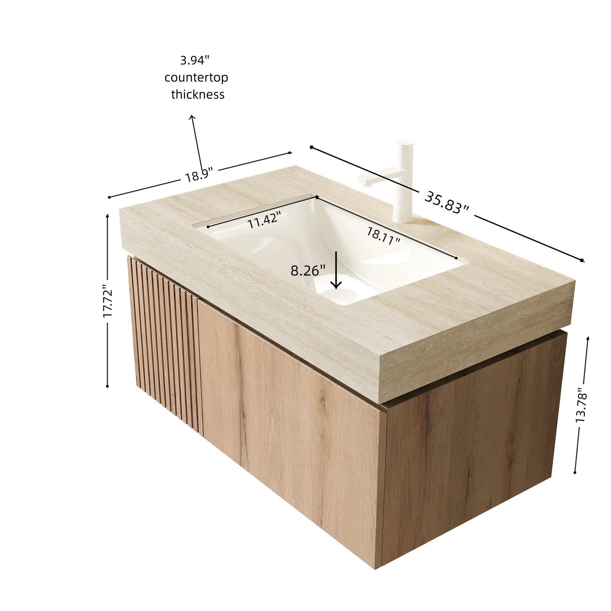 MURI 36" Wall-Mounted Bathroom Vanity with Travertine-Pattern Sintered Stone Top & Ceramic Sink, Floating Cabinet with Drawer and Door, Natural Oak Woodgrain, Pre-Assembled