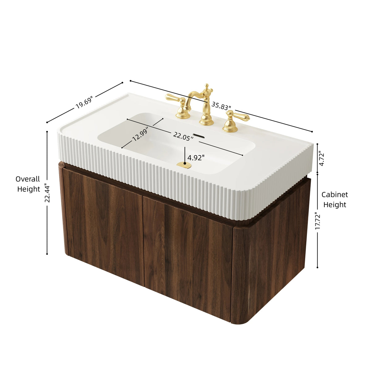 GECO 36" Wall-Mounted Bathroom Vanity with White Solid Surface Integrated Basin, Floating Storage Cabinet, Walnut Woodgrain, 8" Widespread 3-Hole Faucet Configuration, Disassembled