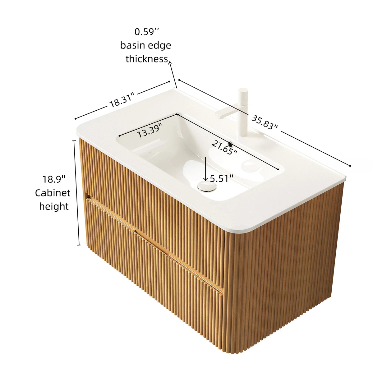 NOOR 36" Wall-Mounted Bathroom Vanity with White Rectangular Ceramic Sink, Floating Plywood Storage Cabinet with 2 Drawers, Natural Woodgrain Finish, Pre-Assembled, Faucet Not Included