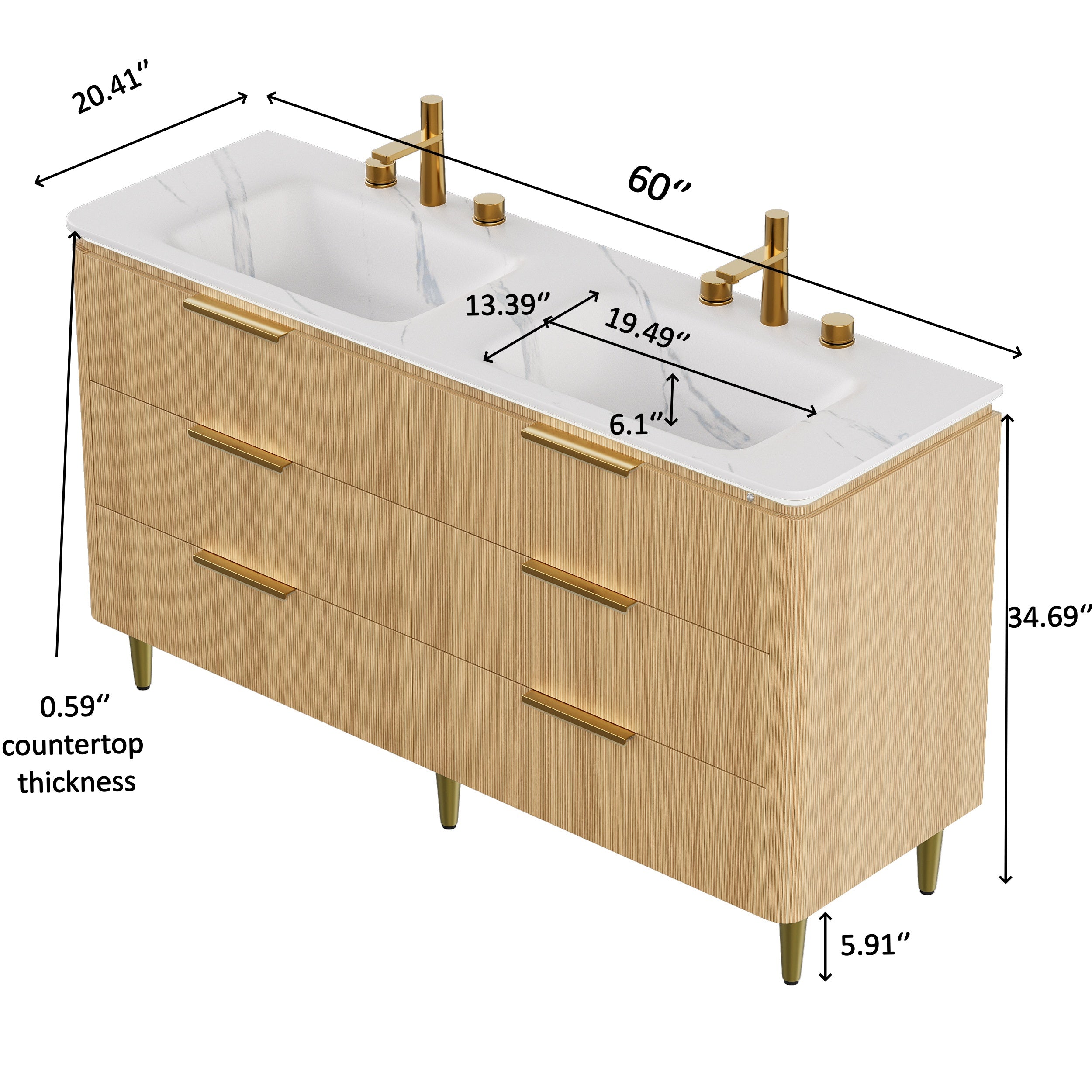 AMARA 60'' Bathroom Vanity&Sinks, Freestanding Curved Edges Ultra-Slim Grille Plywood Storage Cabinet, 6 Drawers, 2 Carrara White Sintered Stone Basins, Pre-assembled, Light Oak Woodgrain Color