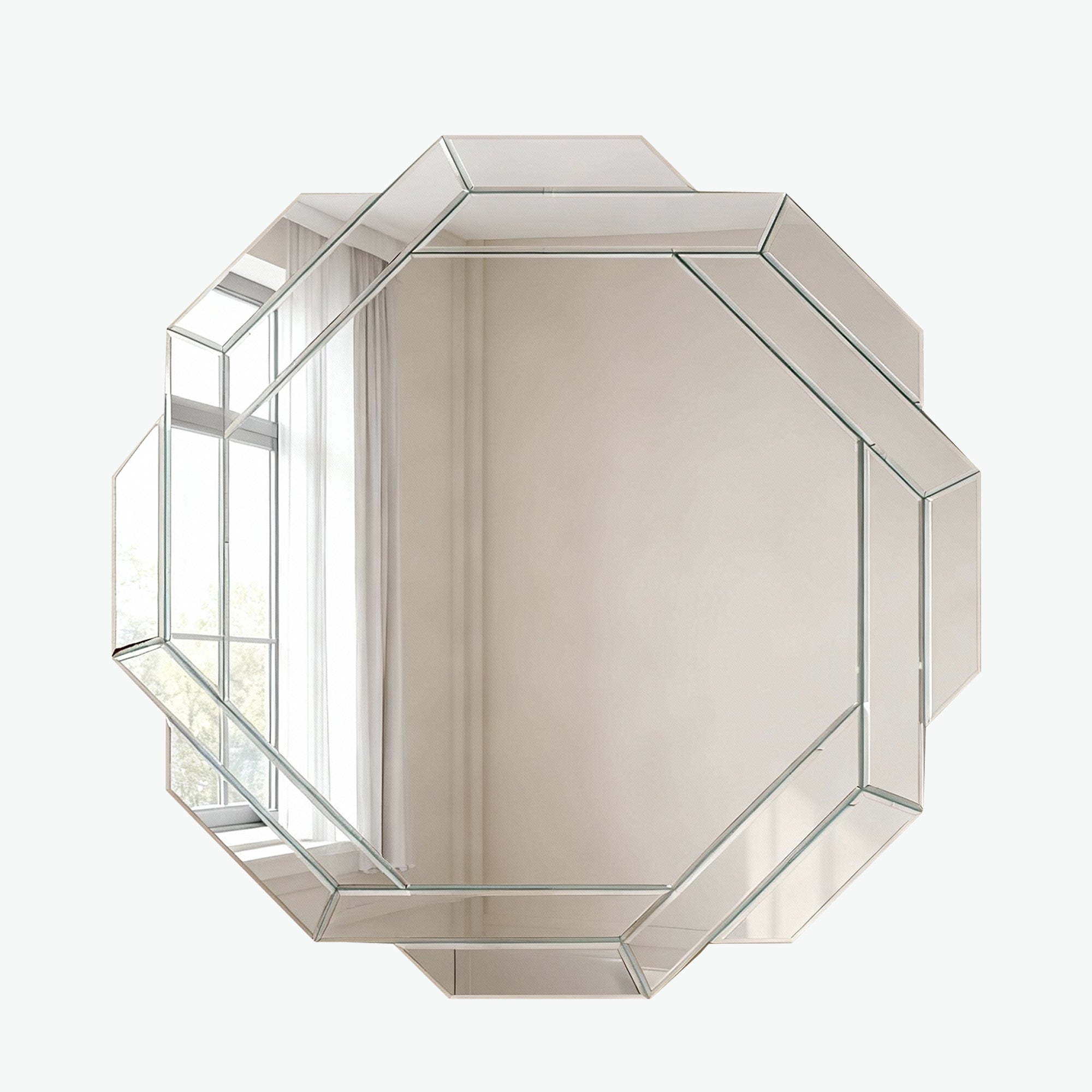 Octagonal Frameless Wall Mirror with Beveled Geometric Design, 29.92''