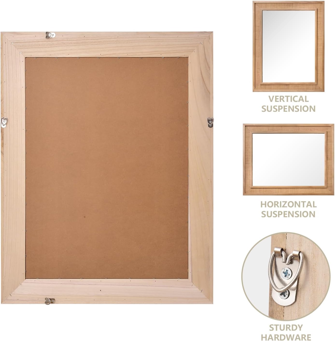 24" x 36" Decorative Mirror, Natural Wood Color Rattan Rectangle Solid Wood Frame, For Farmhouse,Home Decor,Entryway