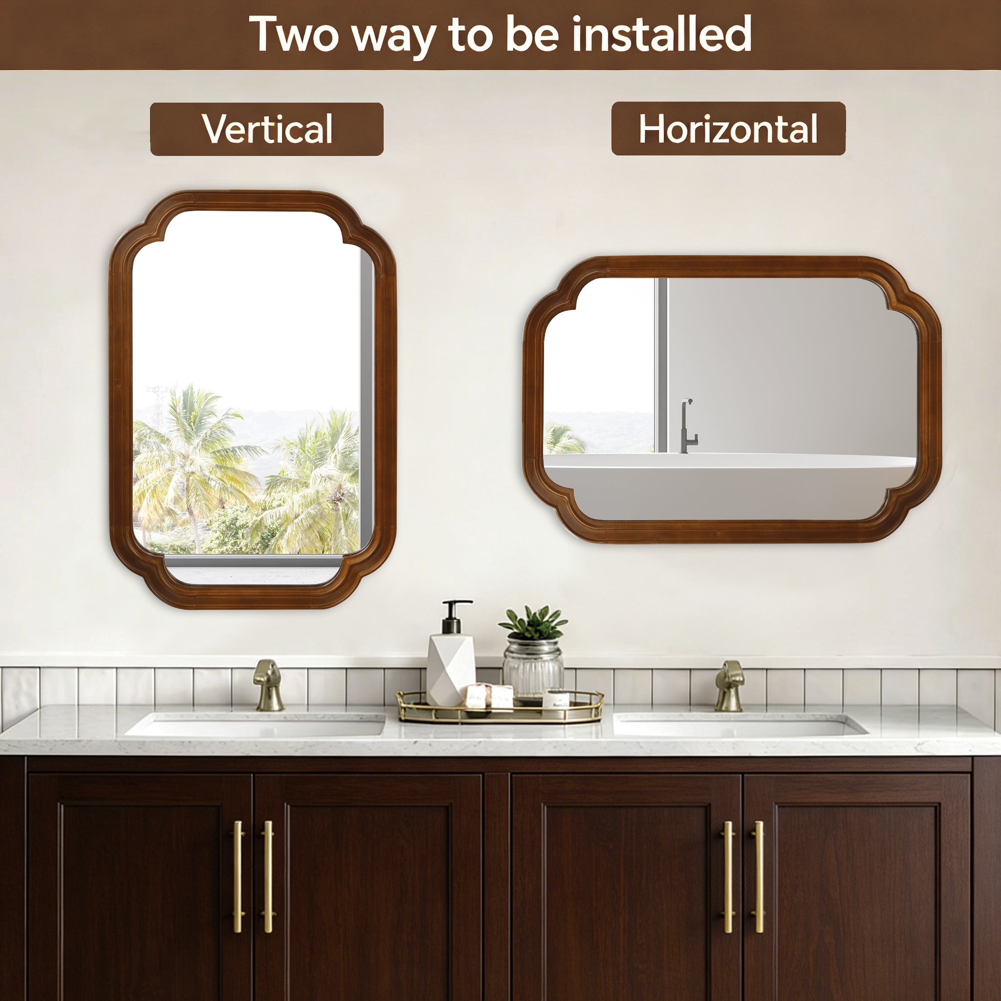 Black Walnut 20" x 30" Solid Wood Frame Rounded Corner Wall Mirror, Elegant Decorative Wall Mirror for Bedroom