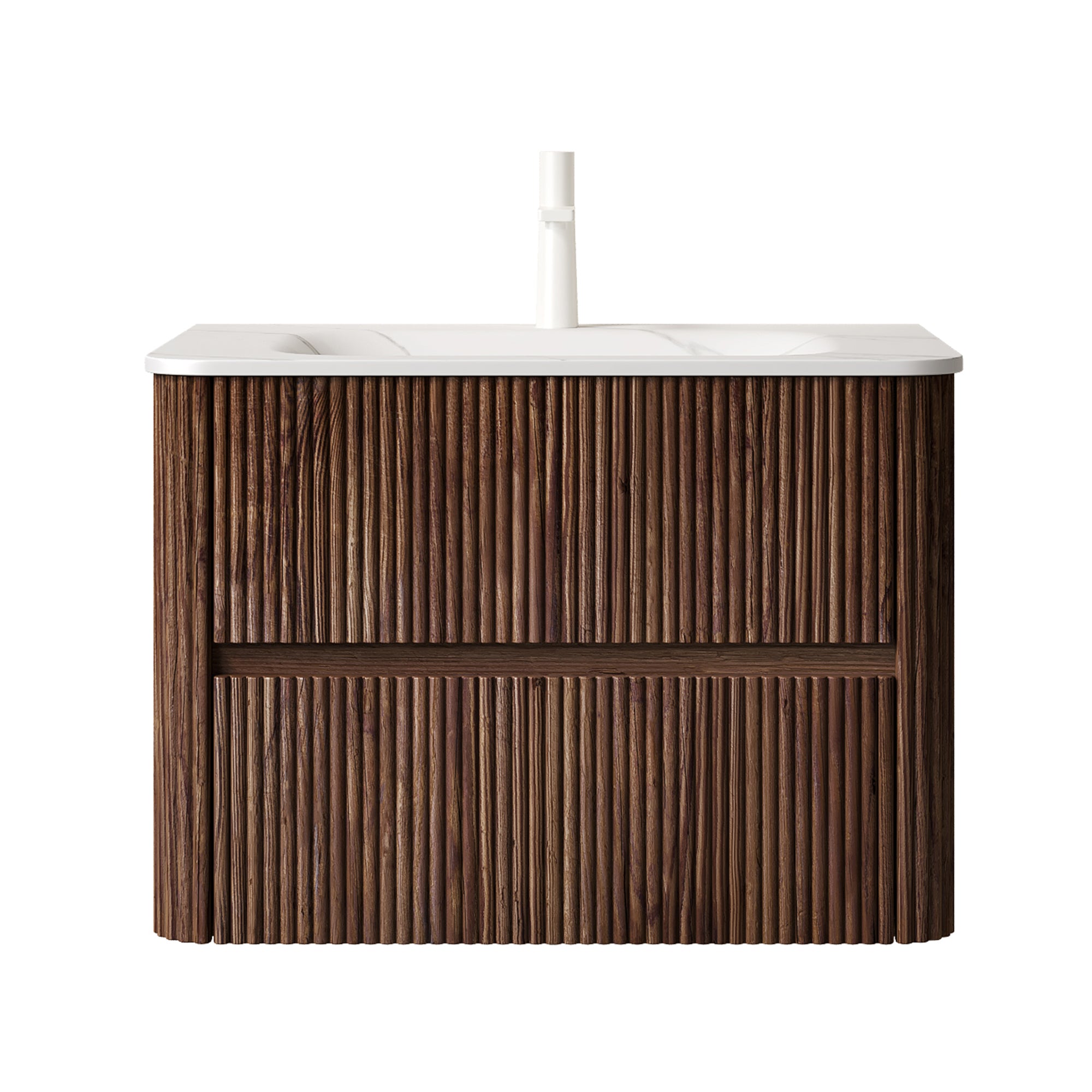 NOOR 30" Bathroom Vanity with Sink, Wall-Mounted Floating Plywood Bathroom Storage Cabinet with 2 Drawers, Carrara White Basin, NO Faucet, Pre-assembled, Retro Walnut Woodgrain Color