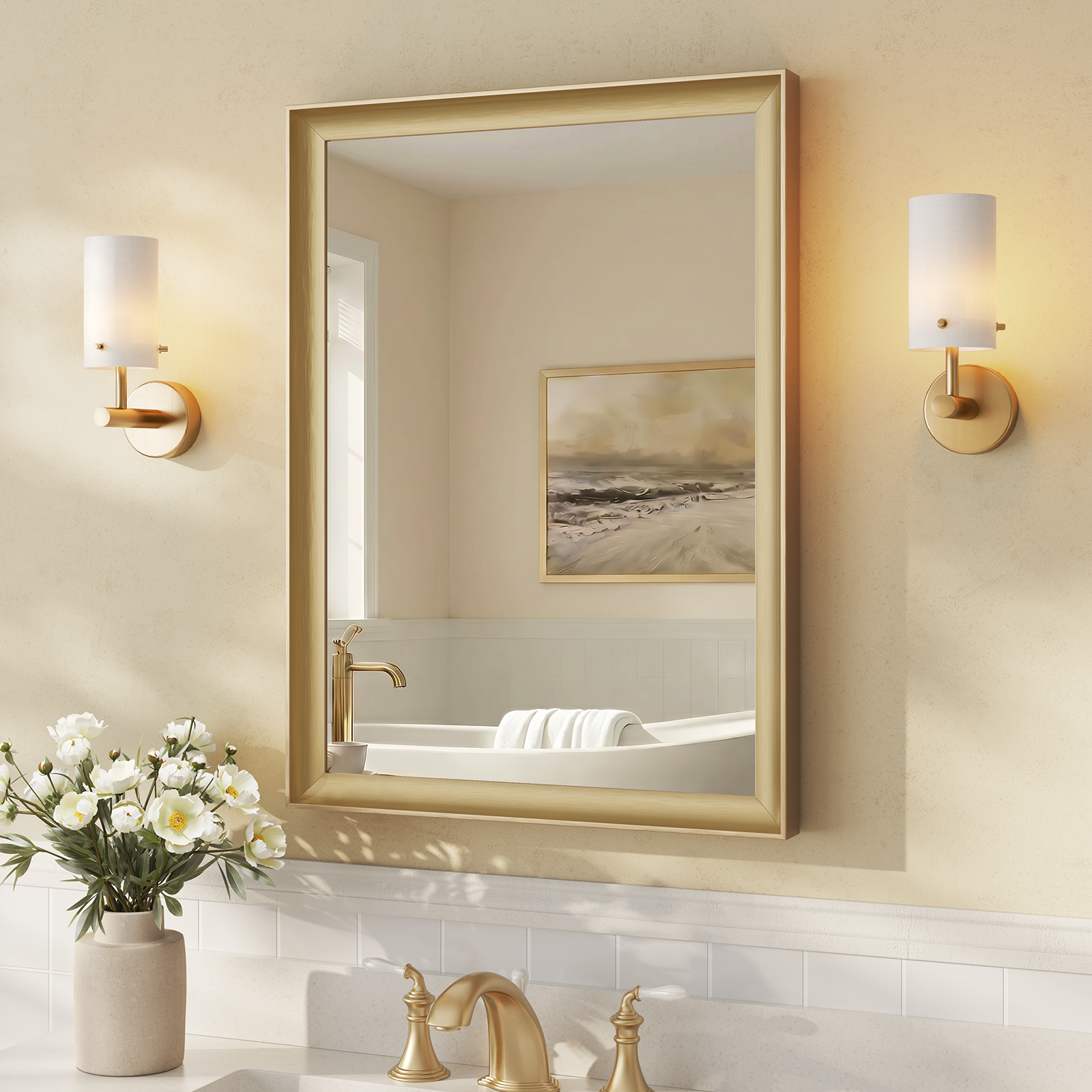 USHOWER Curva Mirror, Rectangular Gold Metal Framed Mirror, 22'' x 30''