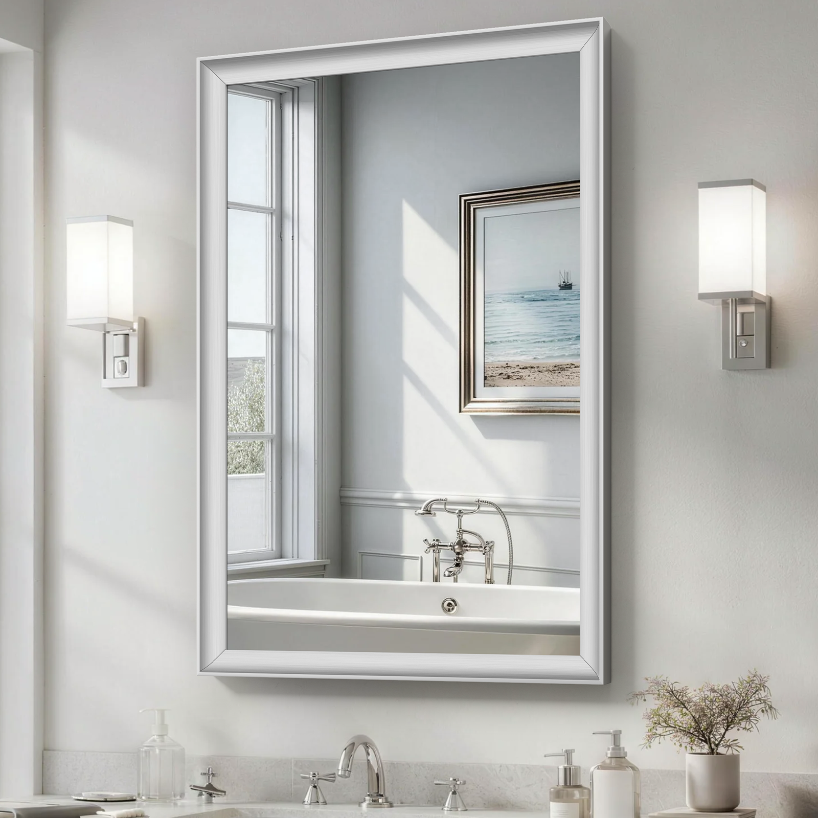 USHOWER Curva Mirror, Rectangular Silver Metal Framed Mirror, 24'' x 36''