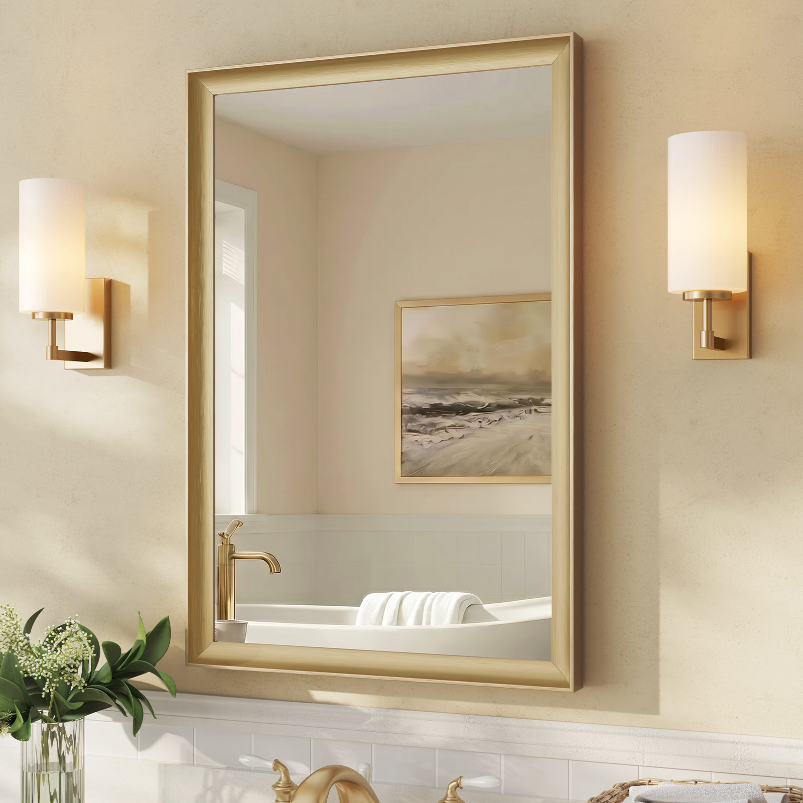 USHOWER Curva Mirror, Rectangular Gold Metal Framed Mirror, 24'' x 36''