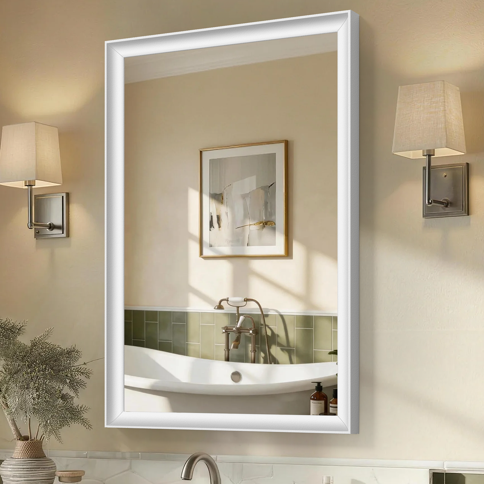 USHOWER Curva Mirror, Rectangular White Metal Framed Mirror, 24'' x 36''