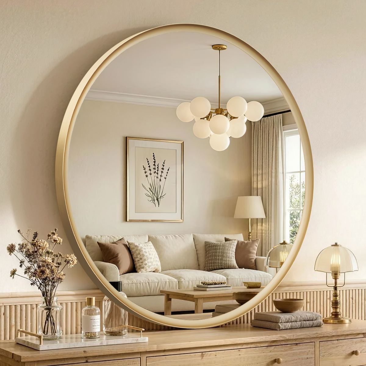 USHOWER Curva Round Bathroom Mirror 30 Inch, Brushed Gold Circle Mirror Over Sink Vanity