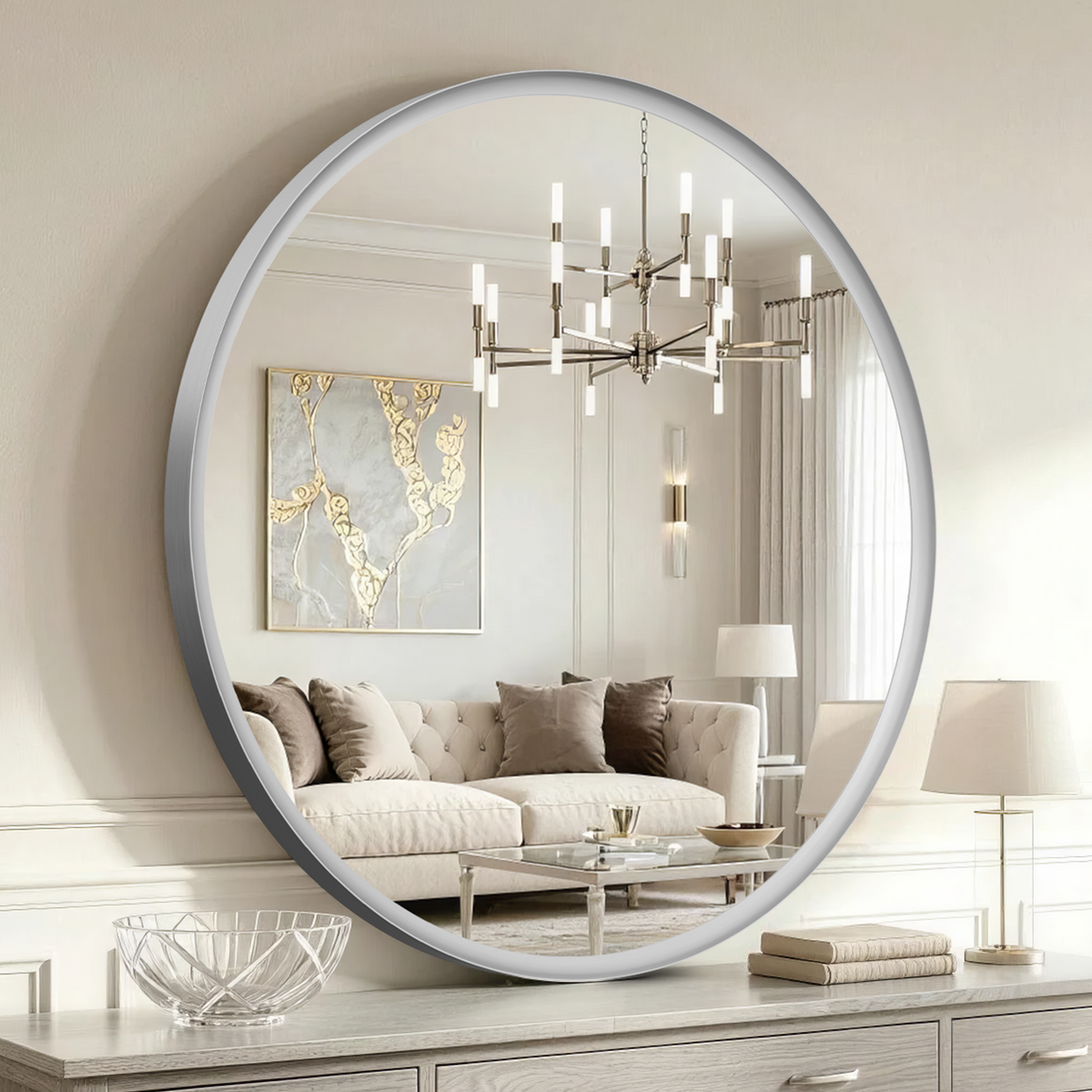USHOWER Curva Round Bathroom Mirror 30 Inch, Brushed Nickel Circle Mirror Over Sink Vanity