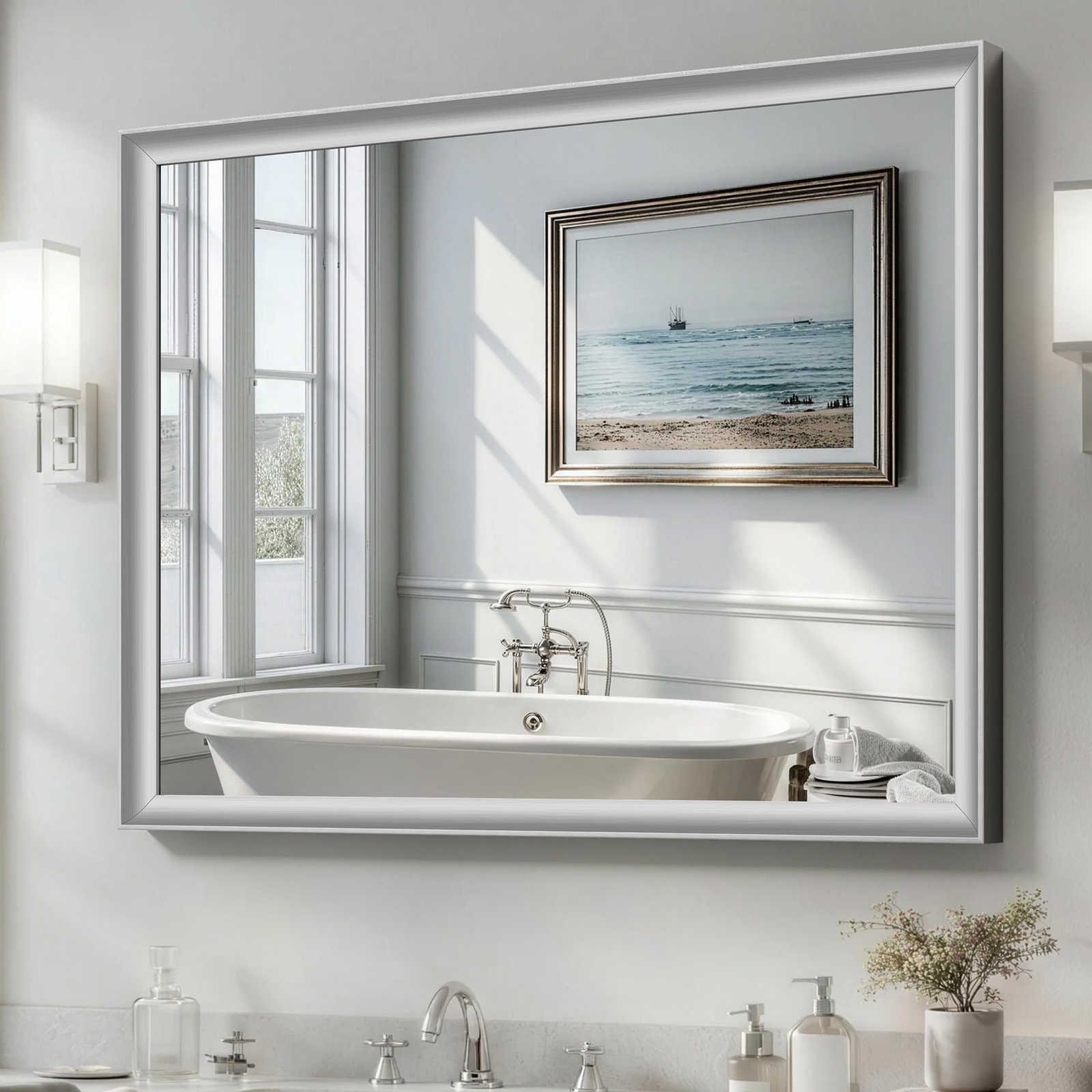 USHOWER Curva Mirror, Rectangular Silver Metal Framed Mirror, 30'' x 40''