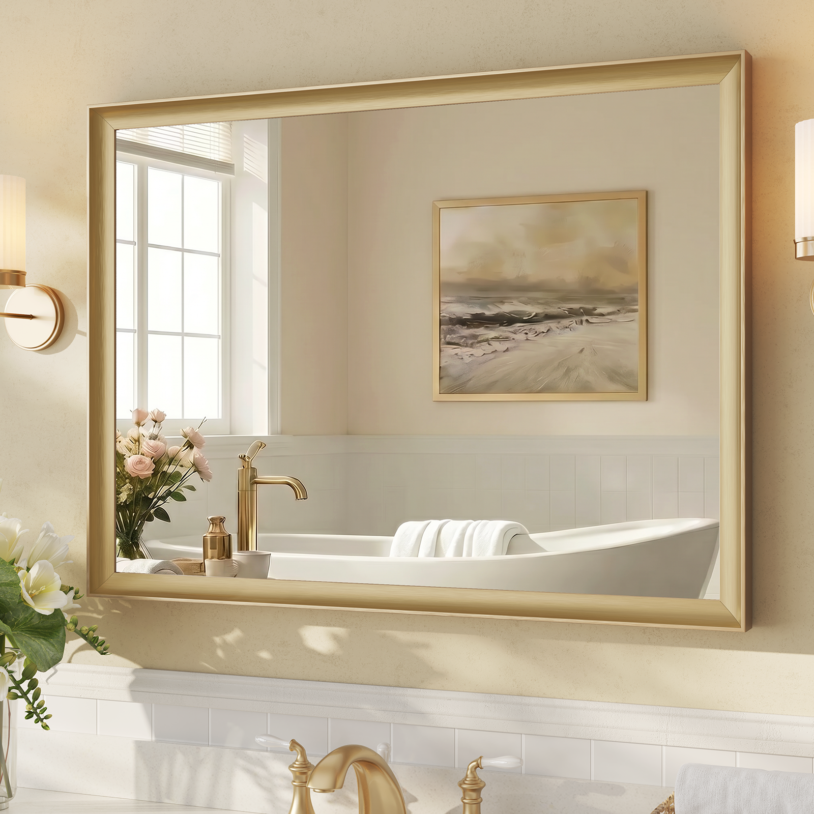 USHOWER Curva Mirror, Rectangular Gold Metal Framed Mirror, 30'' x 40''