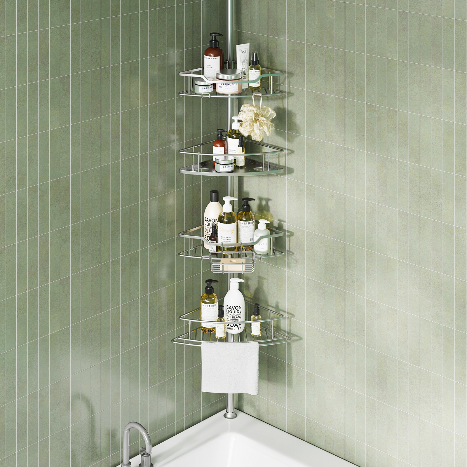 USHOWER Stokado Corner Shower Caddy Tension Pole Silver in Bathtub Corner Holding Shampoo, Soap, and Toiletries