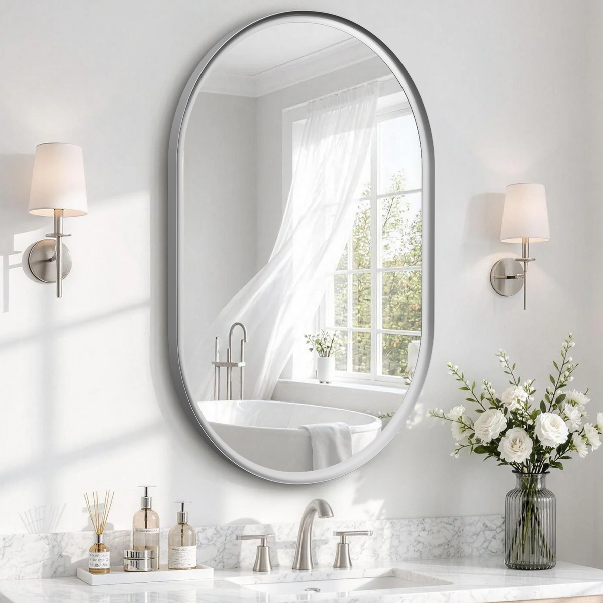 USHOWER Curva Brushed Nickel Oval Mirror 24x36 Inch, Oval Bathroom Mirror