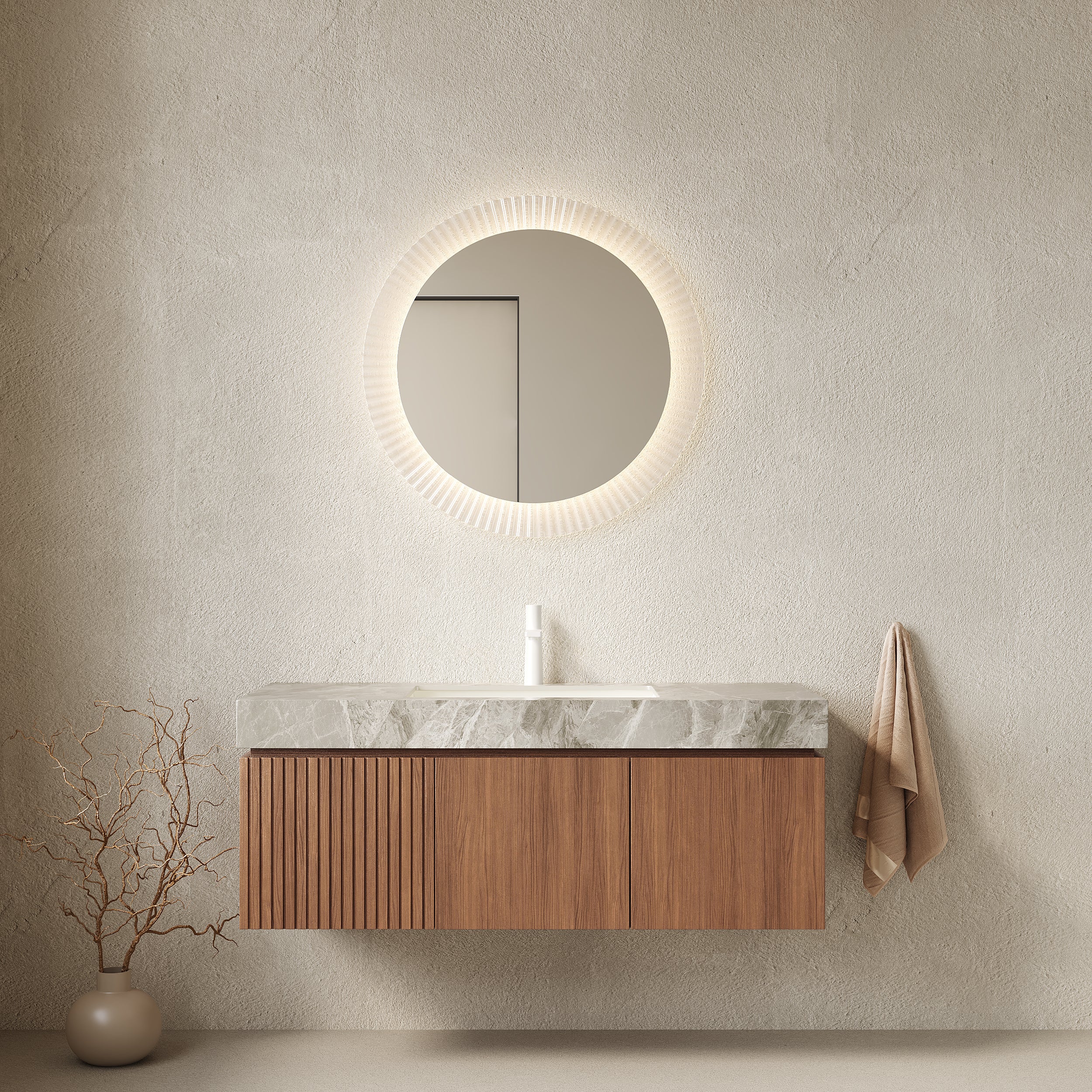 MURI 48" Wall-Mounted Bathroom Vanity with Light Gray Sintered Stone Top & Ceramic Sink, Floating Cabinet with Drawer and Door, Brown Oak Woodgrain, Pre-Assembled